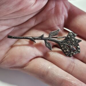 Vintage Sterling Silver Marcasite Flower Pin Brooch